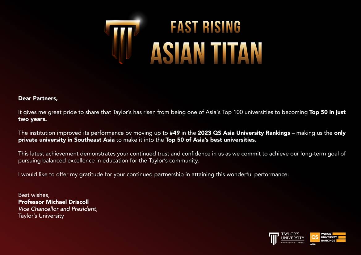 Top 50 di Asia Taylor’s University Jadi Fast Rising Asian Titan