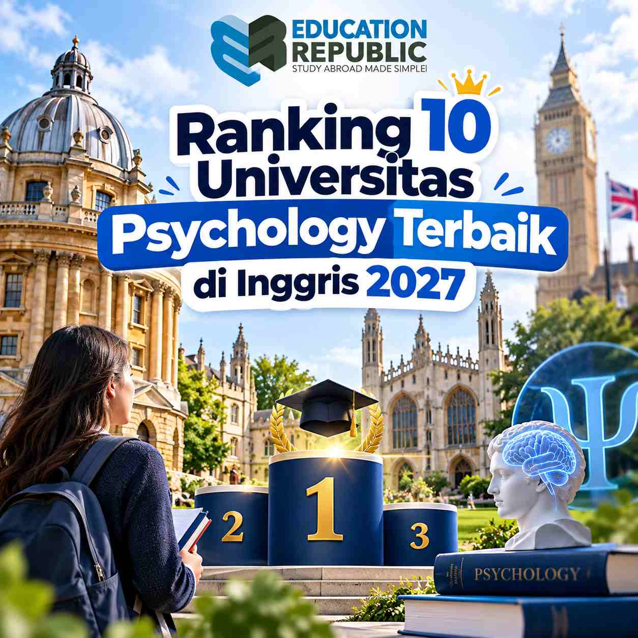 10 Universitas Psychology Terbaik di Inggris 2027 dan Syarat Masuknya - Education Republic Mahasiswa Melihat Kampus Bergaya Klasik Di Inggris Dengan Elemen Ranking, Buku Psychology, Dan Simbol Otak Untuk Artikel Ranking 10 Universitas Psychology Terbaik Di Inggris 2027.