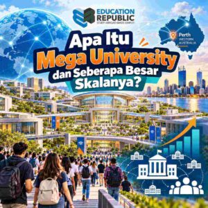 UWA, Curtin & Murdoch Bakal Digabung? Ini Fakta Rencana Mega University di Australia 2026 - Education Republic Ilustrasi Konsep Mega University Di Australia Dengan Kampus Besar, Banyak Mahasiswa, Peta Perth, Dan Visual Skala Universitas Yang Luas.