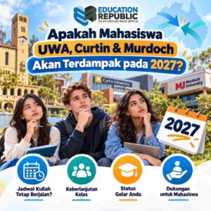 UWA, Curtin & Murdoch Bakal Digabung? Ini Fakta Rencana Mega University di Australia 2026 - Education Republic Tiga Mahasiswa Duduk Berpikir Di Depan Latar Kampus Uwa, Curtin, Dan Murdoch Dengan Informasi Dampak Merger Universitas Pada Tahun 2027.