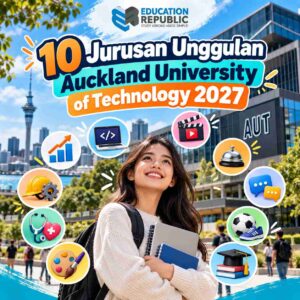 Auckland University of Technology 2027: Ranking, 10 Jurusan Unggulan, Biaya & Beasiswa - Education Republic Mahasiswi Di Kampus Aut Dengan Ikon Berbagai Bidang Studi Seperti Teknologi, Bisnis, Kesehatan, Seni, Dan Olahraga Untuk Artikel 10 Jurusan Unggulan Aut 2027.