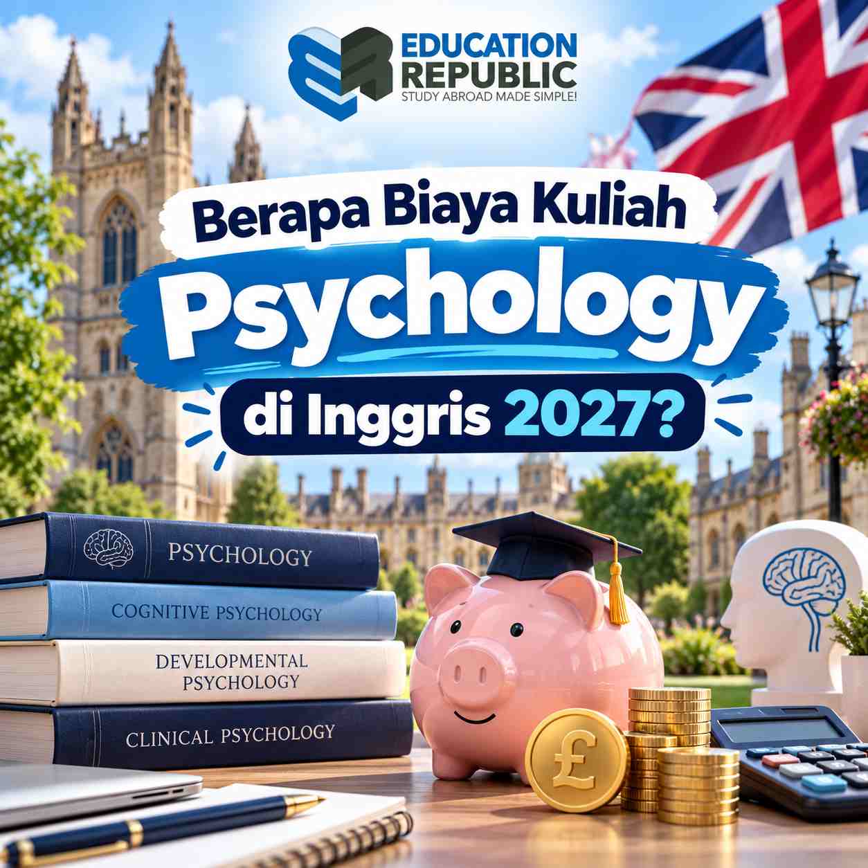 10 Universitas Psychology Terbaik di Inggris 2027 dan Syarat Masuknya - Education Republic Ilustrasi Biaya Kuliah Psychology Di Inggris 2027 Dengan Buku, Kalkulator, Koin, Dan Celengan Wisuda Berlatar Kampus Inggris.