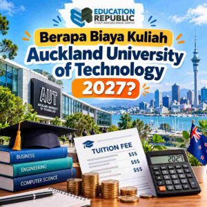 Auckland University of Technology 2027: Ranking, 10 Jurusan Unggulan, Biaya & Beasiswa - Education Republic Ilustrasi Biaya Kuliah Aut 2027 Dengan Gedung Kampus, Dokumen Tuition Fee, Kalkulator, Koin, Dan Buku Jurusan Berlatar Auckland.