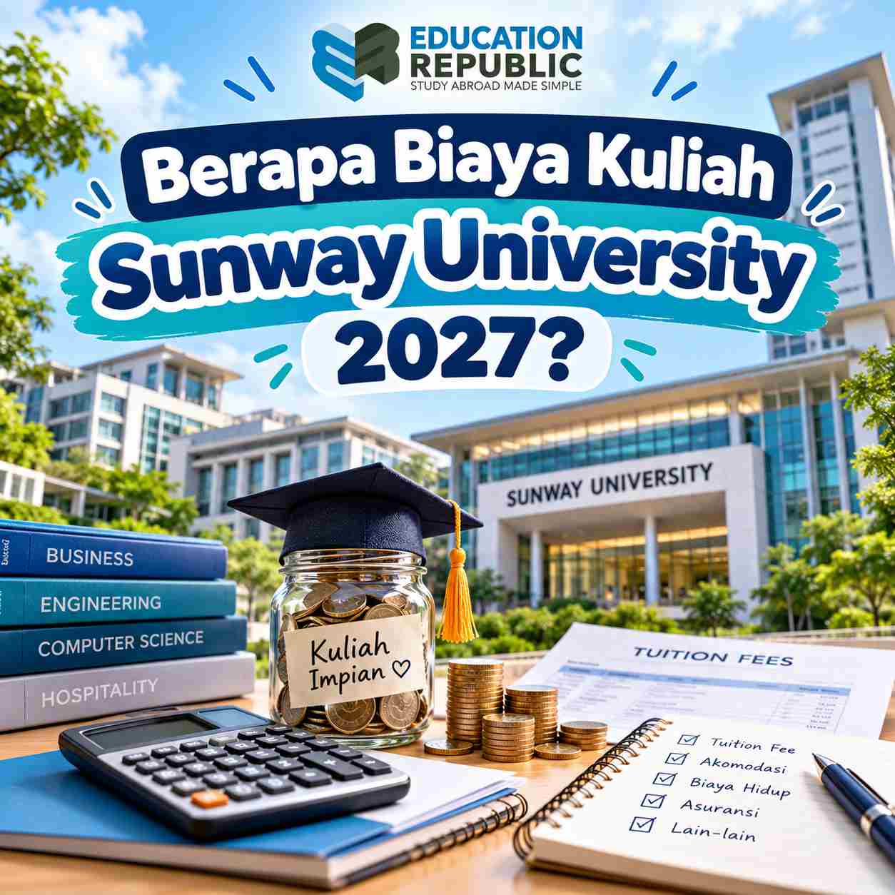 Sunway University 2027: Biaya Kuliah, Beasiswa, Jurusan Terbaik & Syarat Masuk - Education Republic Ilustrasi Biaya Kuliah Sunway University 2027 Dengan Gedung Kampus, Kalkulator, Tumpukan Buku, Uang Koin, Dan Daftar Komponen Biaya Studi.