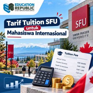 Biaya Kuliah Simon Fraser University 2026/27: Berapa Total? - Education Republic Ilustrasi Biaya Kuliah Simon Fraser University Dengan Kalkulator, Rincian Tuition Fee, Dan Daftar Kesalahan Budgeting Mahasiswa Internasional Bersama Education Republic.