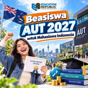 Auckland University of Technology 2027: Ranking, 10 Jurusan Unggulan, Biaya & Beasiswa - Education Republic Mahasiswi Bahagia Memegang Sertifikat Scholarship Award Di Kampus Aut Dengan Elemen Beasiswa, Buku, Dan Bendera Selandia Baru.