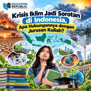 Krisis Iklim Jadi Sorotan! 7 Jurusan Kuliah Luar Negeri yang Bisa Bantu Selamatkan Bumi - Education Republic Ilustrasi Krisis Iklim Di Indonesia Dengan Kebakaran Hutan, Kekeringan, Banjir, Dan Mahasiswa Yang Mempertimbangkan Jurusan Kuliah Terkait Lingkungan.