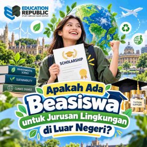 Krisis Iklim Jadi Sorotan! 7 Jurusan Kuliah Luar Negeri yang Bisa Bantu Selamatkan Bumi - Education Republic Beasiswa Jurusan Lingkungan Di Luar Negeri Dengan Ilustrasi Mahasiswa Memegang Sertifikat Beasiswa, Globe, Energi Terbarukan, Dan Bantuan Biaya Pendidikan