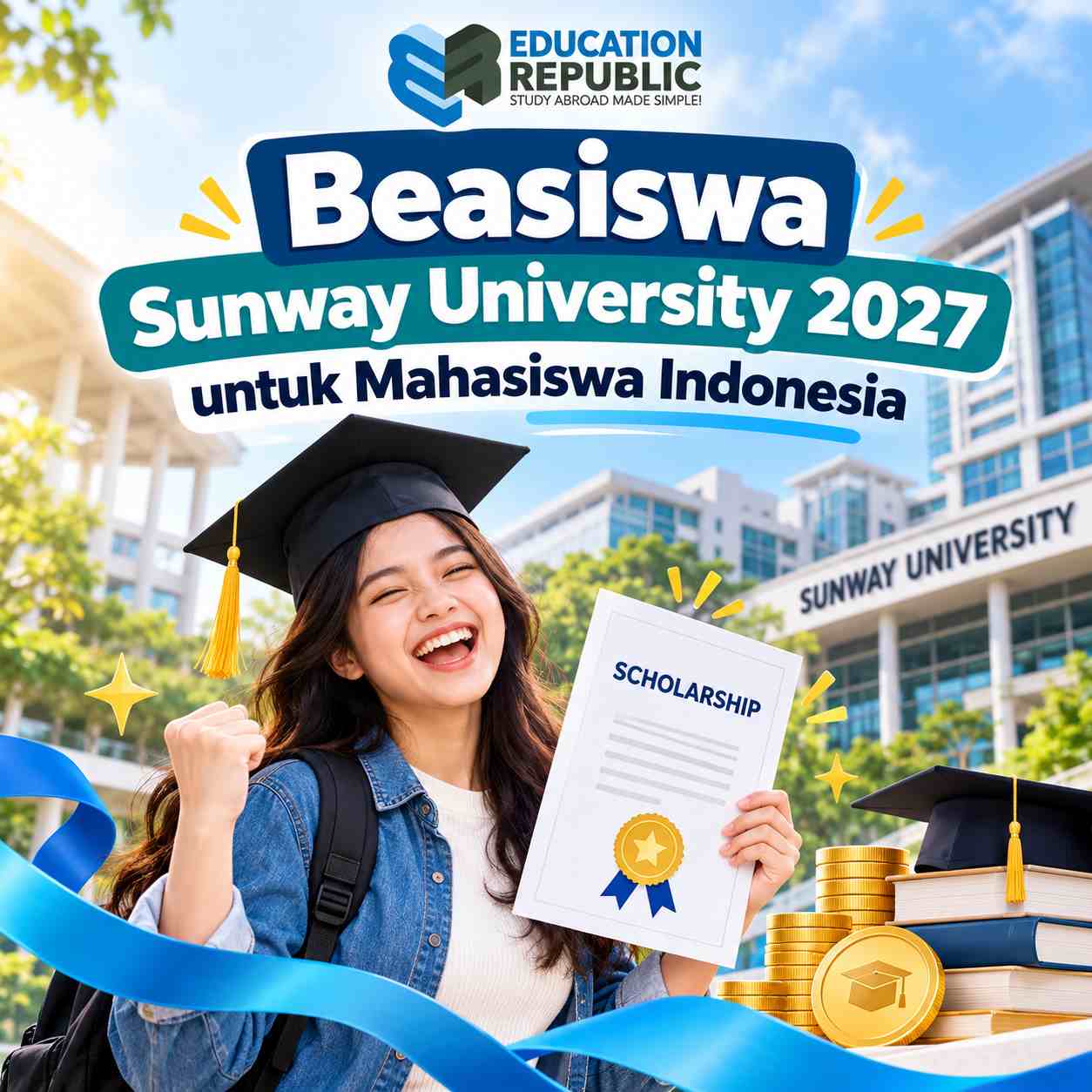 Sunway University 2027: Biaya Kuliah, Beasiswa, Jurusan Terbaik & Syarat Masuk - Education Republic Mahasiswi Bahagia Memegang Dokumen Scholarship Di Depan Kampus Sunway University, Melambangkan Peluang Beasiswa Sunway University 2027 Untuk Mahasiswa Indonesia.