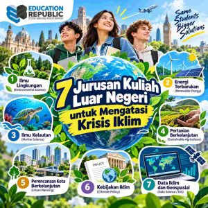Krisis Iklim Jadi Sorotan! 7 Jurusan Kuliah Luar Negeri yang Bisa Bantu Selamatkan Bumi - Education Republic 7 Jurusan Kuliah Luar Negeri Untuk Mengatasi Krisis Iklim Dengan Ilustrasi Ilmu Lingkungan, Energi Terbarukan, Kelautan, Pertanian, Perencanaan Kota, Kebijakan Iklim, Dan Data Geospasial.
