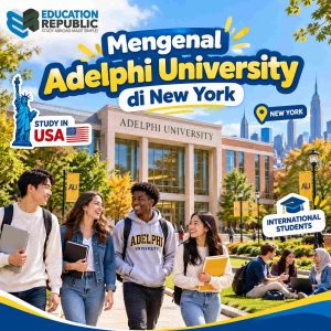 Ilustrasi Adelphi University Di New York, Amerika Serikat, Dengan Gedung Kampus Modern, Mahasiswa Internasional, Dan Suasana Kehidupan Kampus