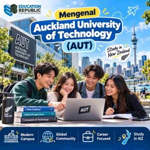 Ilustrasi Auckland University Of Technology (Aut) Di Selandia Baru Dengan Gedung Kampus Modern, Mahasiswa Internasional, Dan Latar Kota Auckland.
