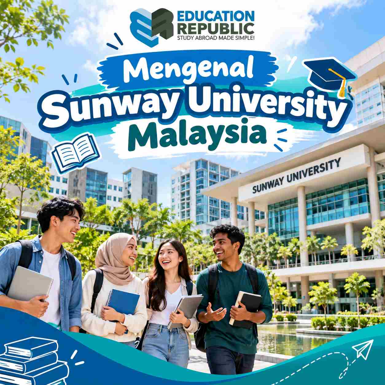 Sunway University 2027: Biaya Kuliah, Beasiswa, Jurusan Terbaik & Syarat Masuk - Education Republic Sekelompok Mahasiswa Internasional Berjalan Di Area Kampus Sunway University Malaysia Dengan Latar Gedung Kampus Modern Dan Suasana Belajar Yang Ramah.
