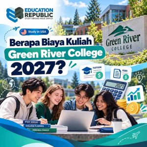 Green River College 2027: Biaya Kuliah, Syarat Masuk, IELTS & Transfer Universitas di Amerika - Education Republic Biaya Kuliah Green River College 2027 Di Amerika Serikat Dengan Ilustrasi Mahasiswa Internasional, Kalkulator, Dan Perencanaan Biaya Pendidikan.
