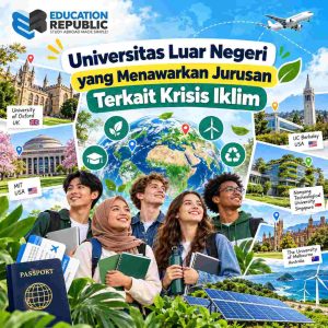 Krisis Iklim Jadi Sorotan! 7 Jurusan Kuliah Luar Negeri yang Bisa Bantu Selamatkan Bumi - Education Republic Ilustrasi Universitas Luar Negeri Dengan Jurusan Terkait Krisis Iklim, Menampilkan University Of Oxford, Mit, Uc Berkeley, Ntu Singapore, University Of Melbourne, Dan Mahasiswa Internasional.