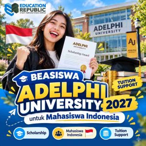 Biaya Kuliah Adelphi University 2027: Tuition Fee, Living Cost & Beasiswa - Education Republic Beasiswa Adelphi University 2027 Untuk Mahasiswa Indonesia Dengan Ilustrasi Sertifikat Penghargaan, Mahasiswa, Dan Bantuan Biaya Kuliah Di Amerika Serikat.