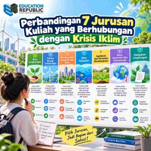 Krisis Iklim Jadi Sorotan! 7 Jurusan Kuliah Luar Negeri yang Bisa Bantu Selamatkan Bumi - Education Republic Infografis Perbandingan 7 Jurusan Kuliah Terkait Krisis Iklim, Mencakup Ilmu Lingkungan, Teknik Energi Terbarukan, Perencanaan Kota, Kelautan, Pertanian, Klimatologi, Dan Kebijakan Lingkungan.