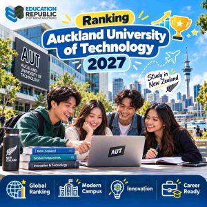 Beasiswa AUT 2027 untuk Mahasiswa Indonesia: Syarat, Biaya & Cara Daftar - Education Republic Ranking Auckland University Of Technology 2027 Dengan Ilustrasi Kampus Aut Di Auckland, Mahasiswa Internasional, Serta Simbol Pemeringkatan Universitas Dunia